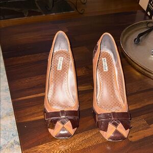 Not Rated Brown & Tan Peep-Toe Flats with Woven Accent